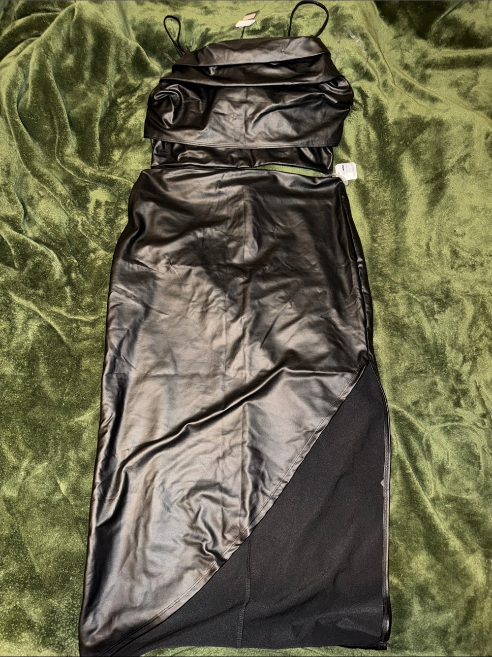 Black Faux Leather Two-Piece asymmetrical skirt set